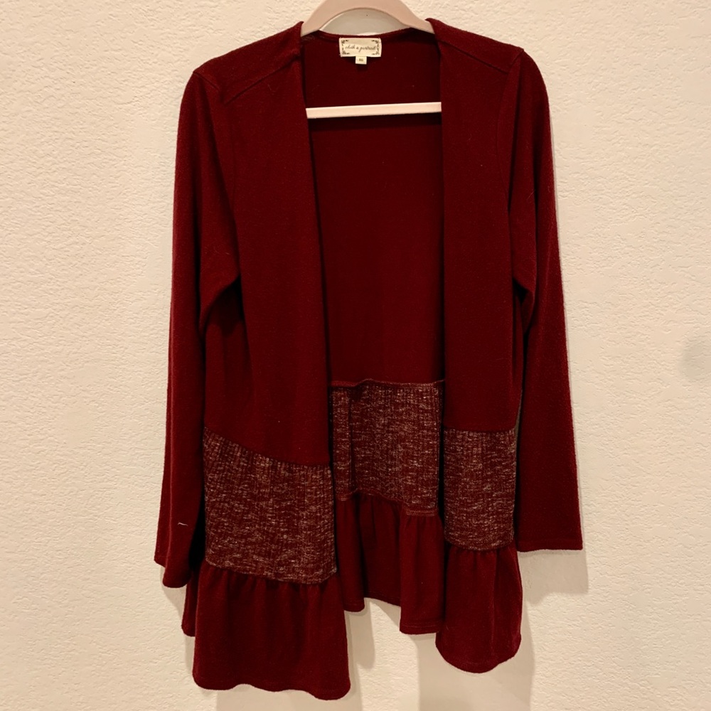 Cloth & Portrait, burgundy and white flowy cardigan.